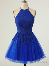 Royal Blue Tulle Halter Backless Appliques Homecoming Dress